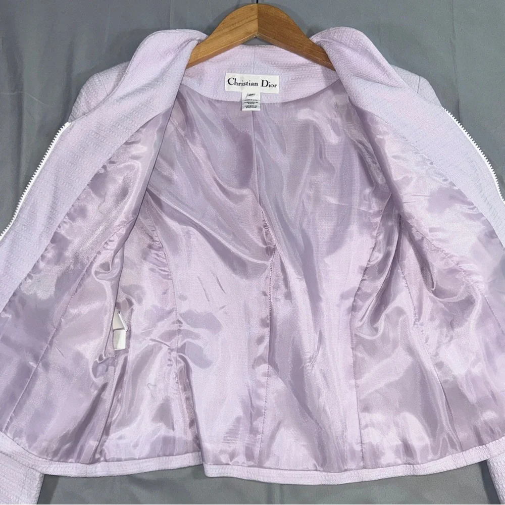 Christian Dior Blazer Womens 4P Purple Petite Zip Front Textured Lined Jacket